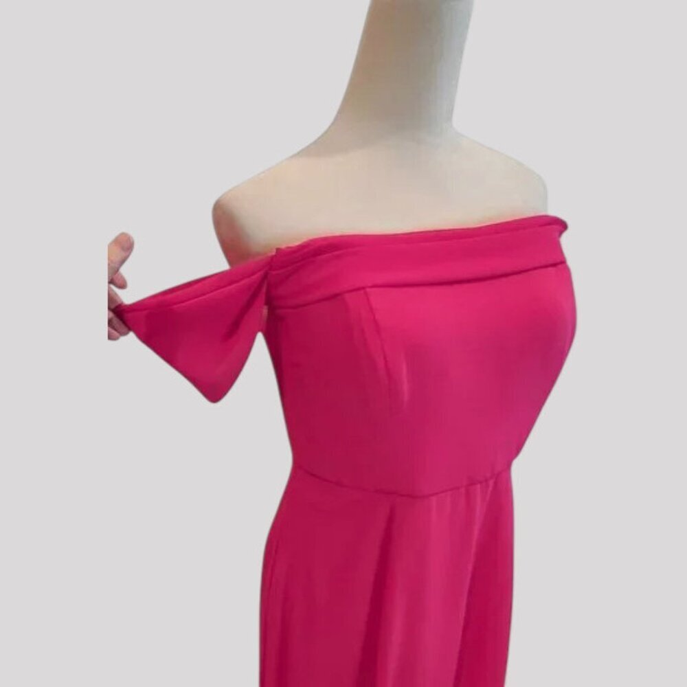 NEW THREAD SZ 12R Vivid Pink Chiffon Draped Off-shoulder Floor length Gown Dress - Picture 5 of 10